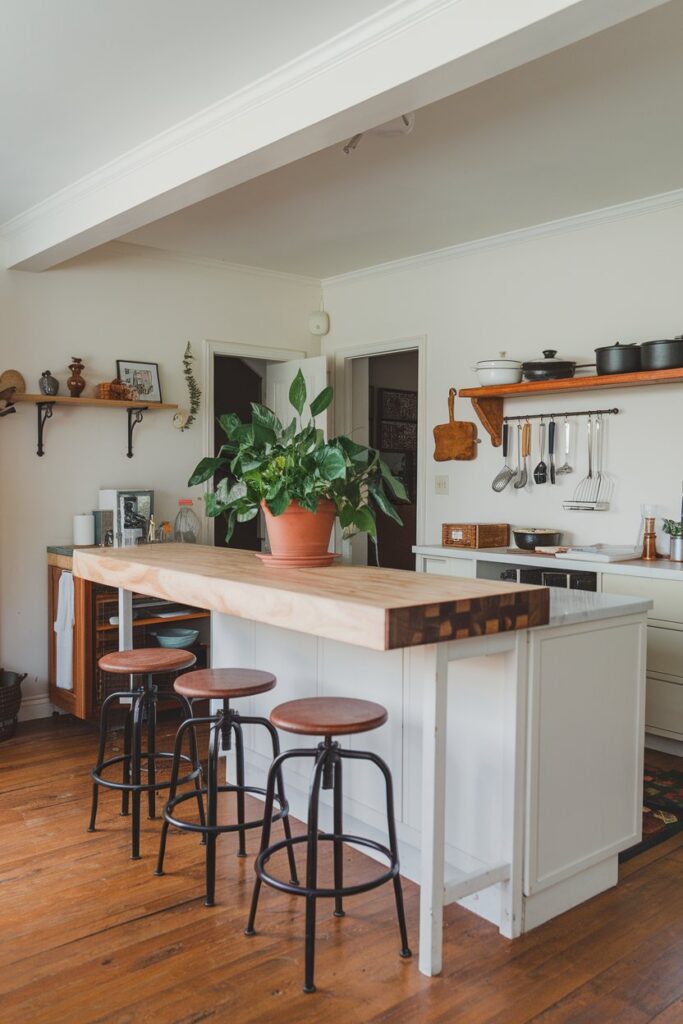 A spacious kitchen island with an extended overhang creating a cozy breakfast nook. 