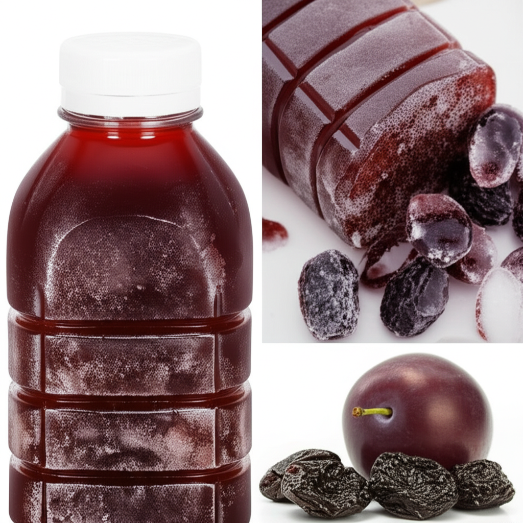 Generate a high-quality, relevant image prompt for an article about: Can You Freeze Prune Juice? Sho