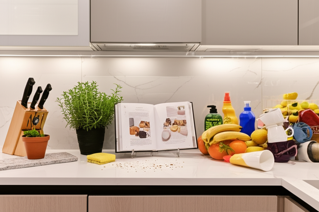 Generate a high-quality, relevant image prompt for an article about: How To Decorate Kitchen Counter