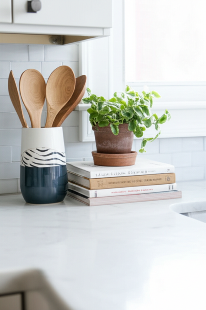 Generate a high-quality, relevant image prompt for an article about: How To Decorate Kitchen Counter