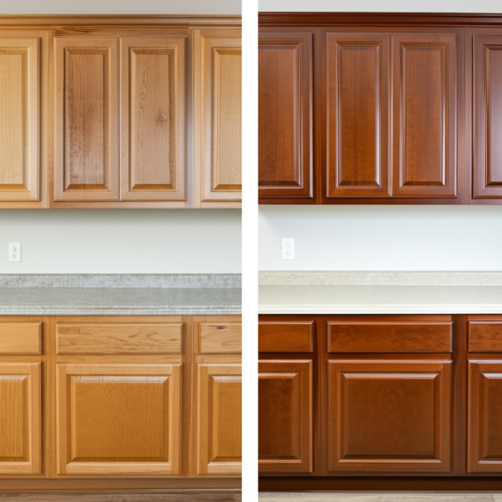 Generate a high-quality, relevant image prompt for an article about: How To Stain Kitchen Cabinets: