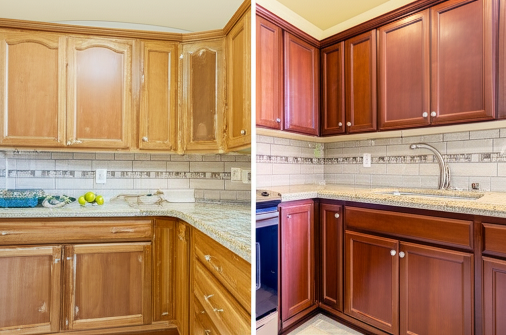 Generate a high-quality, relevant image prompt for an article about: How To Stain Kitchen Cabinets:
