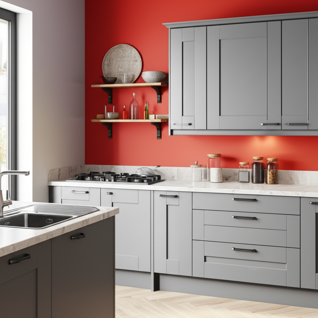 Generate a high-quality, relevant image prompt for an article about: What Colour Goes With Grey Kitc