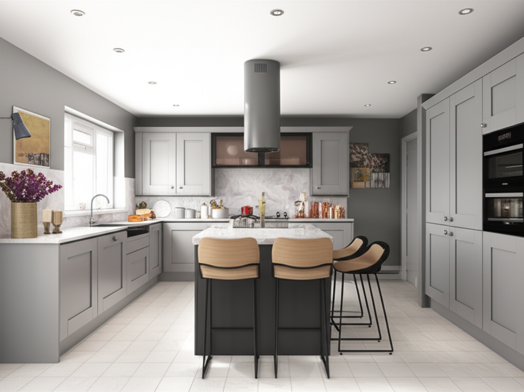 Generate a high-quality, relevant image prompt for an article about: What Colour Goes With Grey Kitc