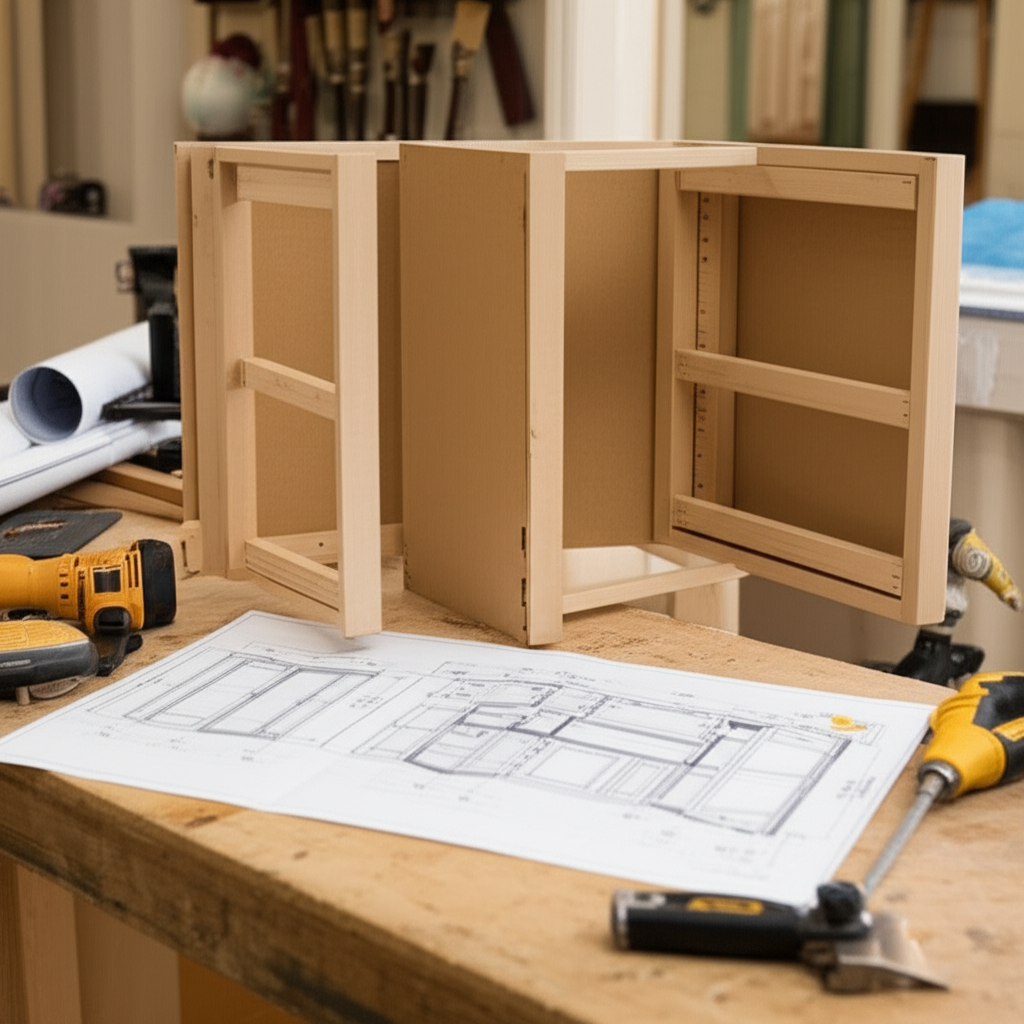 Generate a high-quality, relevant image prompt for an article about: How to Build Kitchen Cabinets F