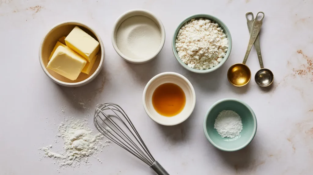 All ingredients for Christmas shortbread cookies arranged neatly on a light countertop — softened butter, powdered sugar, flour, vanilla extract, and salt with a whisk and measuring spoons.