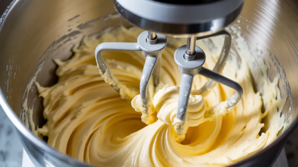 Close-up of butter and powdered sugar being creamed together in a mixing bowl for shortbread cookie dough, showing a fluffy pale-yellow texture.