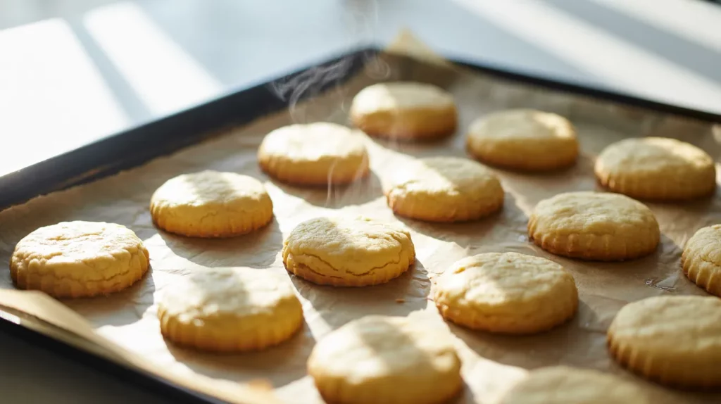 Unbaked shortbread cookies arranged evenly on a parchment-lined baking tray, ready to go into the oven.