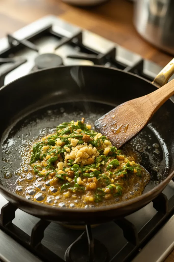 a deep skillet on a stovetop with hot vegetable