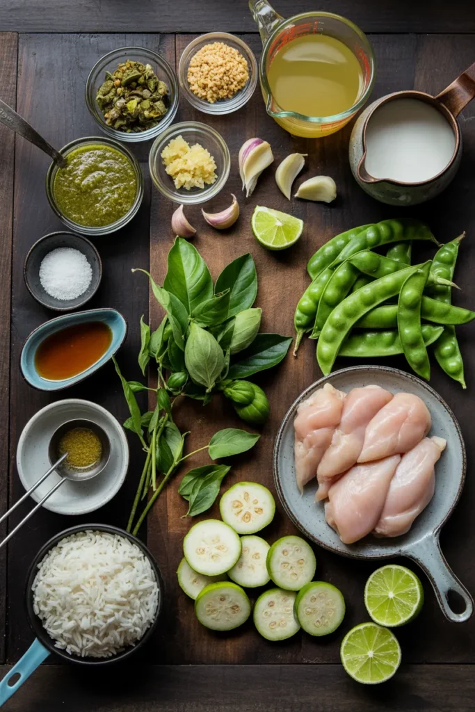 A 4K realistic flat-lay image of all ingredients for Thai green curry arranged neatly on a rustic wooden surface, including green curry paste, minced garlic, grated ginger, lemongrass paste, vegetable oil, chicken or vegetable broth, full-fat coconut milk, fish sauce, white sugar, salt, kaffir lime leaves, sliced chicken thighs, sliced Japanese eggplants, snow peas, Thai basil leaves, and half a lime. Bright natural lighting and vibrant colors showcase each ingredient clearly
