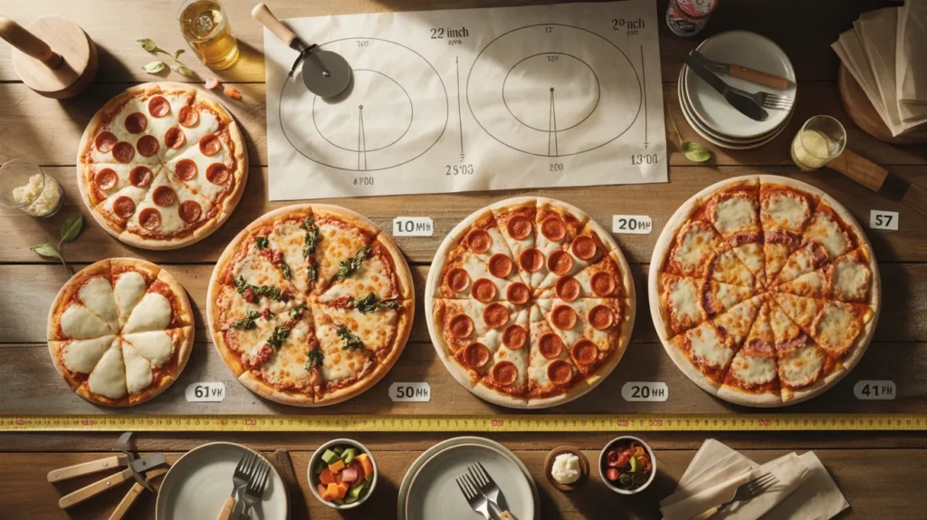 A clean, high-resolution overhead scene on a rustic wooden table displaying a full range of pizza sizes