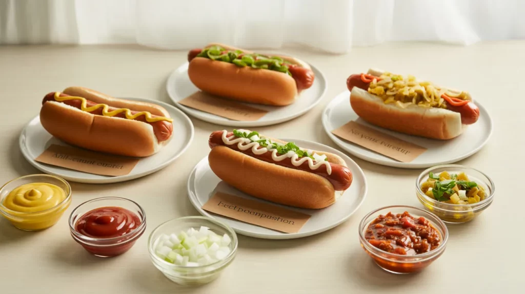 “A clean, bright tabletop scene featuring a neatly arranged selection of the most popular hot dog types