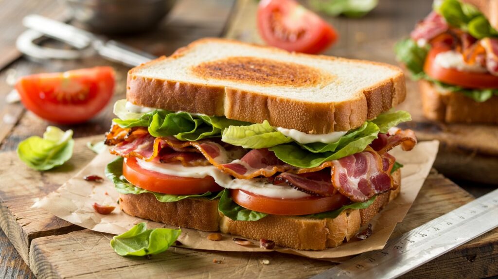 A bright, overhead shot of a perfectly built BLT sandwich on a wooden cutting board. Visible layers: crispy bacon strips, fresh green lettuce, and thick, juicy tomato slices between toasted artisan bread. A small ruler or measuring tape lies beside the sandwich to emphasize size and portioning. Soft natural light highlights texture—crispy bacon, glossy tomatoes, and golden toast. Surrounding props: a knife, a few loose tomato slices, and lettuce leaves for a fresh, clean, appetizing presentation.
