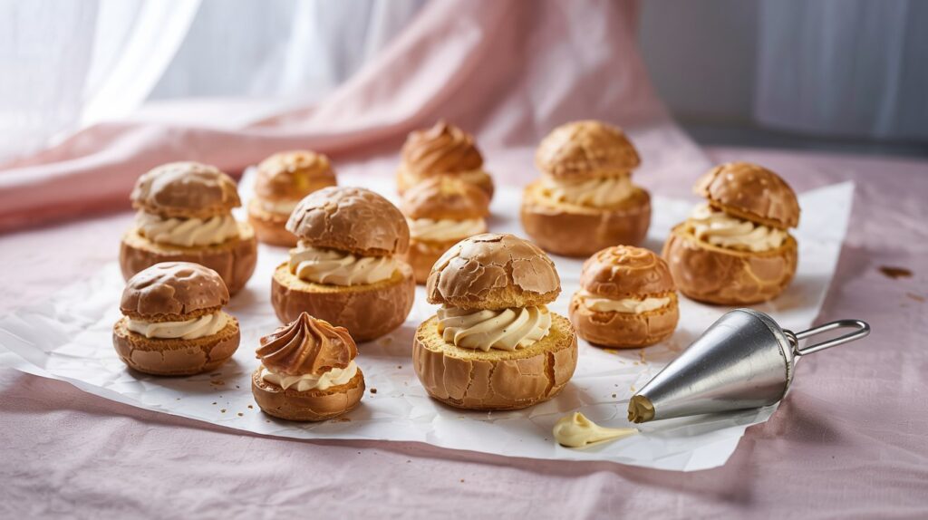 A bright, professional food-photography scene showing a variety of choux pastries arranged neatly by size: – Mini cream puffs (1–1.5 inch) in a small clustered group – Standard cream puffs (2–3 inch) arranged in a clean row – Large cream puffs (4+ inch) showcased individually All pastries are golden brown, hollow, and slightly cracked on top, with a few filled with cream for visual appeal. Soft natural lighting, shallow depth of field, and a clean white or pastel background. Include subtle baking tools like a piping bag, ruler, or scoop nearby to hint at measuring and sizing. The mood is clean, fresh, and instructional—perfect for a baking size chart guide.