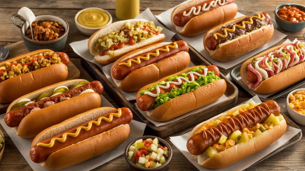 “A vibrant, high-resolution food photography scene showing an appetizing assortment of different hot dog styles from around the world arranged neatly on a rustic wooden table.