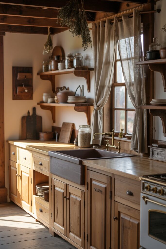 14. Farmhouse Kitchen Wood Cabinets Counter Ideas