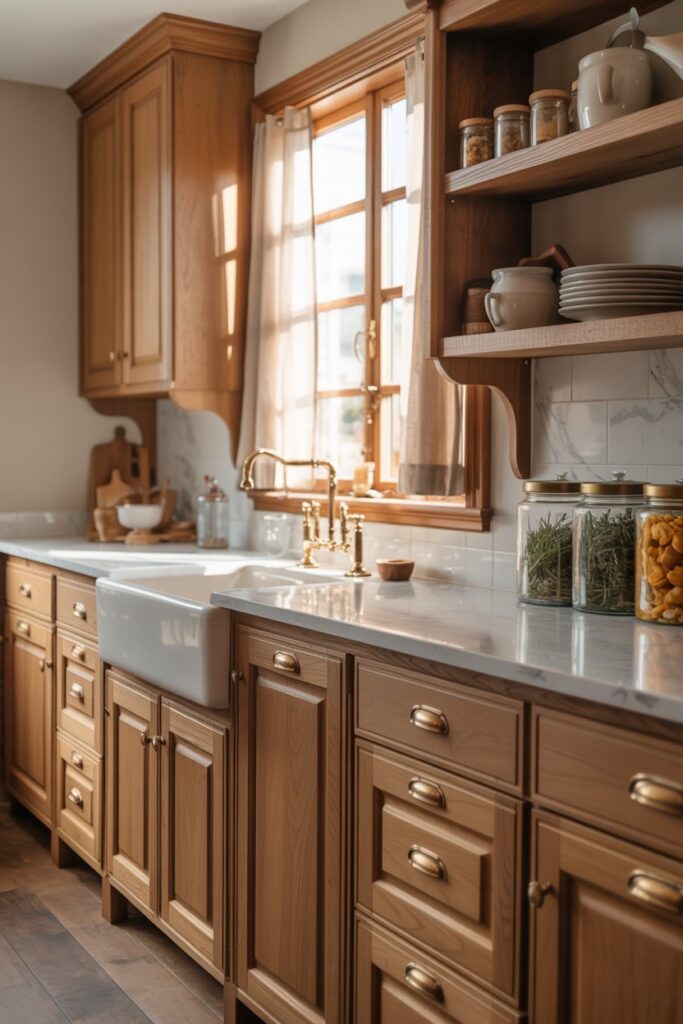 19. Farmhouse Kitchen Wood Cabinets Counter Ideas