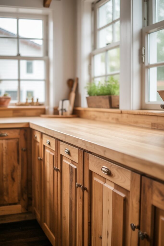 22. Farmhouse Kitchen Wood Cabinets Counter Ideas