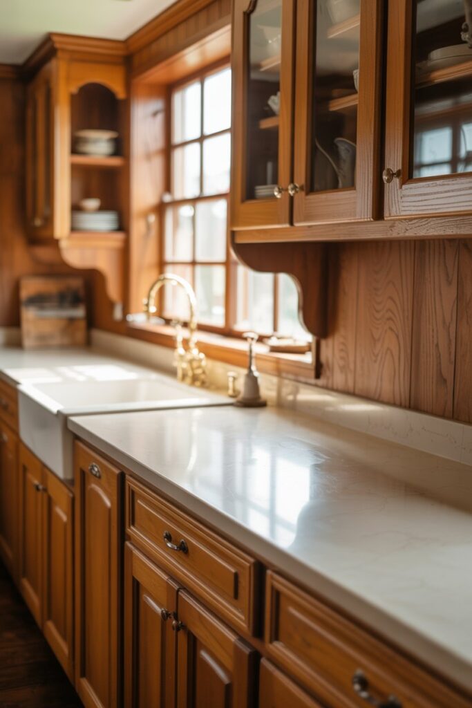 9. Farmhouse Kitchen Wood Cabinets Counter Ideas