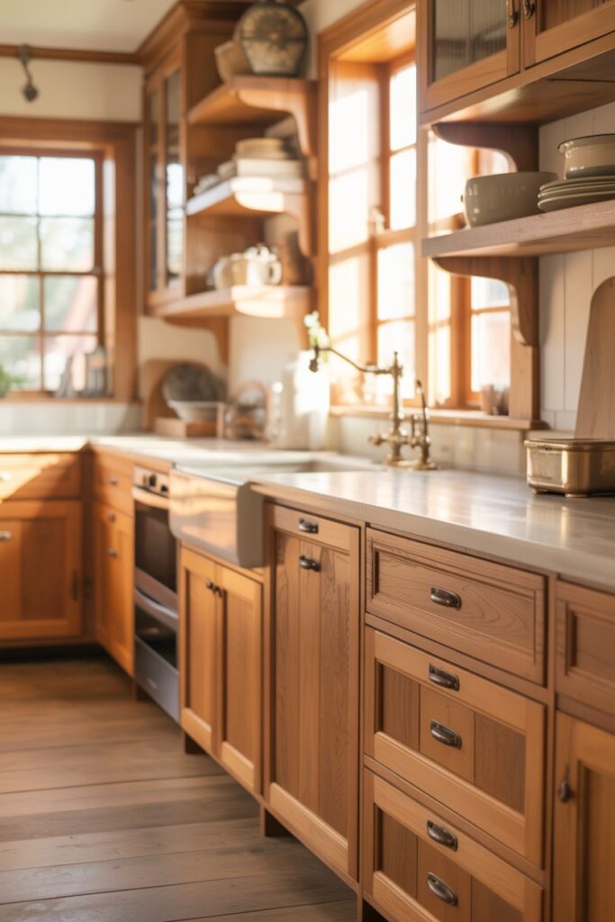 13. Farmhouse Kitchen Wood Cabinets Counter Ideas