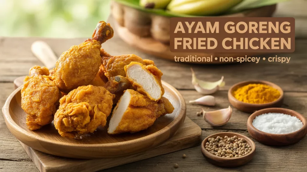 High-quality realistic food photography showcasing traditional Indonesian Ayam Goreng fried chicken (non-spicy), designed for an educational food guide or blog section.
Main Subject:
Golden-brown Ayam Goreng fried chicken pieces
Mild seasoning visible (turmeric-yellow crust)
No chili, no red spice, no sambal
Composition:
Centered plate with crispy chicken pieces
One piece broken slightly to show juicy interior
Natural oil sheen highlighting crisp texture
Supporting Elements (to show “basics”):
Small bowls of raw ingredients nearby:
Garlic cloves
Turmeric powder
Coriander seeds
Salt & pepper
Optional raw chicken piece in background (soft focus)
Background & Styling:
Rustic wooden table or banana leaf
Neutral, warm tones
Indonesian home-style kitchen aesthetic
Clean and uncluttered layout
Lighting & Angle:
Soft natural daylight
45-degree angle or overhead flat lay
Sharp focus on chicken texture
Text Overlay (minimal & optional):
“Ayam Goreng Fried Chicken”
“Traditional • Non-Spicy • Crispy”
Mood & Purpose:
Warm, comforting, family-friendly
Educational and authentic
Suitable for food blogs, recipe basics, SEO content, menus