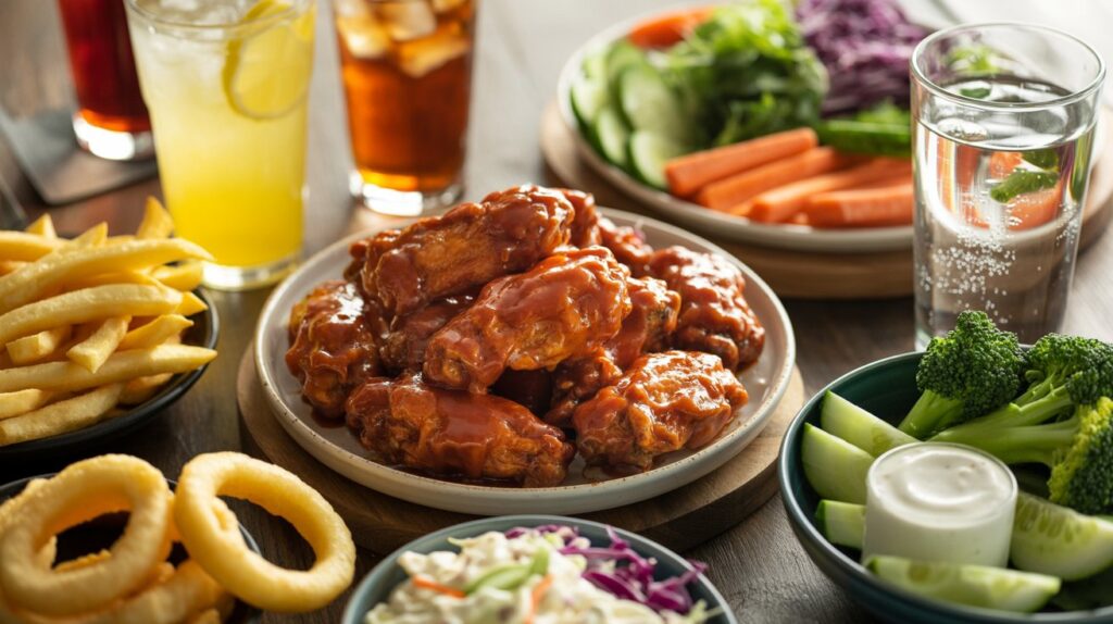 A vibrant, high-quality food photography scene featuring buffalo wings with tomato sauce served alongside a variety of side dishes. A central plate of glossy, crispy buffalo wings coated in tomato sauce, surrounded by classic sides like golden French fries, onion rings, celery sticks with ranch dip, and coleslaw. Include healthier options such as carrot sticks, cucumber slices, a small fresh salad, and steamed broccoli. Beverages like a cold glass of lemonade, iced tea, and sparkling water are placed nearby. Bright natural lighting, casual dining table setting, warm and inviting atmosphere, realistic textures, and an appetizing, balanced composition.