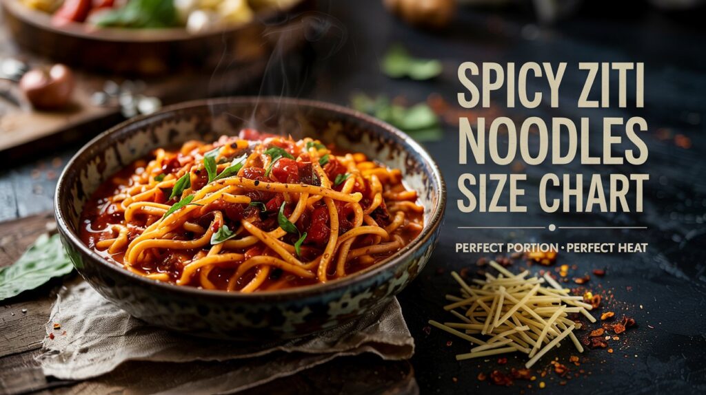 Ultra-realistic 4K food photography of spicy ziti noodles in a rustic ceramic bowl, coated in rich red chili tomato sauce, visible chili flakes and steam rising. Whole dry ziti noodles placed beside the bowl for size reference. Dark moody background with warm kitchen lighting, professional editorial food styling. Overlay text (bold, center): “Spicy Ziti Noodles Size Chart” “Perfect Portion • Perfect Heat” Clean modern font, high contrast, minimal clutter.