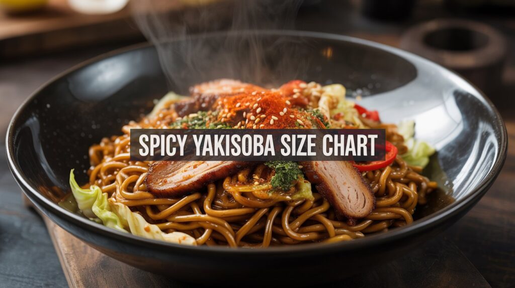 Ultra-realistic 4K hero image of Spicy Yakisoba noodles served in a black ceramic bowl. Glossy stir-fried noodles, visible steam, red chili flakes, cabbage, pork slices, sesame seeds. Dark moody background with soft side lighting. Center overlay text: “Spicy Yakisoba Size Chart” Premium food photography, cinematic depth of field, blog header composition.