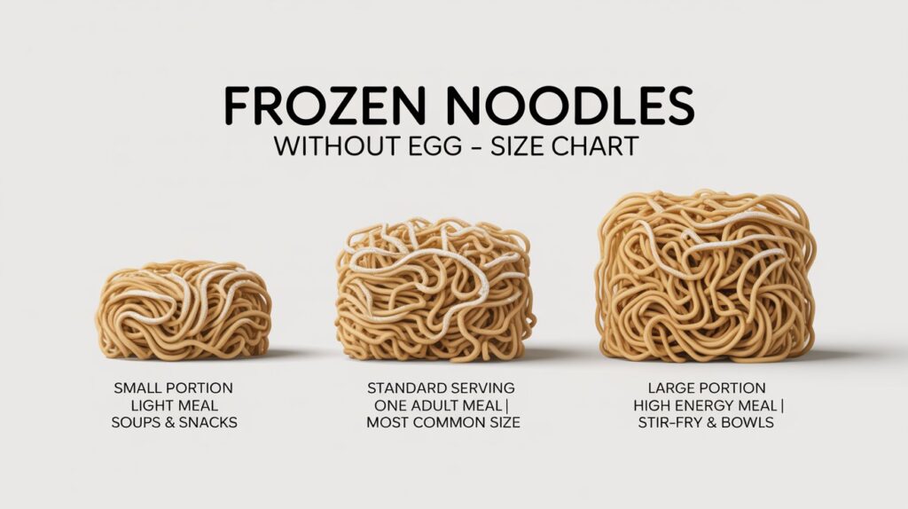 Ultra-realistic 4K food infographic titled “Frozen Noodles Without Egg – Size Chart”.
Clean white background, modern minimalist food infographic style.
Three neatly aligned sections showing frozen noodle portions:
Small Portion (70–85g)
Frozen rice or wheat noodles in compact bundle
Overlay text:
“Small Portion | Light Meal | Soups & Snacks”
Standard Portion (90–100g)
Frozen noodle block, balanced size
Overlay text:
“Standard Serving | One Adult Meal | Most Common Size”
Large Portion (110–130g)
Larger frozen noodle bundle
Overlay text:
“Large Portion | High Energy Meal | Stir-Fry & Bowls”
Sharp texture detail, frost visible on noodles, professional infographic typography.