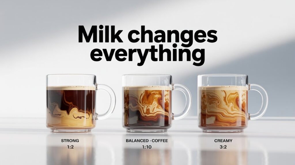 Ultra-realistic 4K glass mugs showing different milk-to-coffee ratios (1:2 strong, 1:1 balanced, 3:2 creamy), layered milk swirling inside coffee, clean comparison background, professional drink infographic style
Overlay Text:
Milk Changes Everything
Strong • Balanced • Creamy