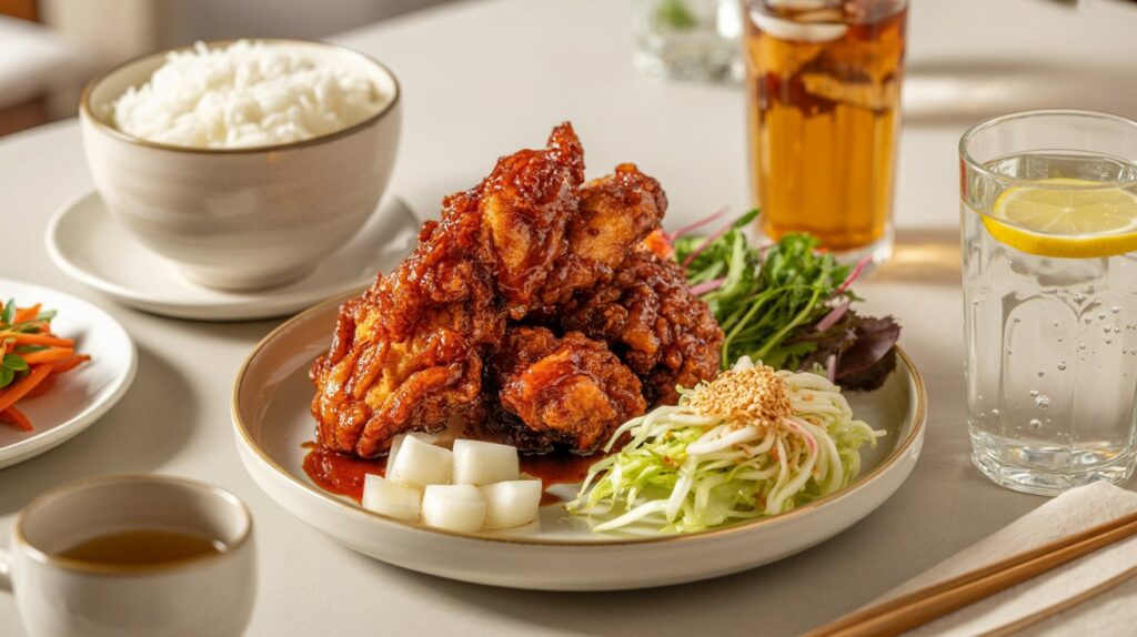 Ultra-realistic food photography of non-spicy Korean Yangnyeom Chicken served with complementary sides — glossy sweet-and-savory sauce coating crispy fried chicken pieces, no visible chili flakes, rich amber-red glaze; plated with crisp white pickled radish cubes, fluffy steamed white rice in a ceramic bowl, fresh green salad, and Korean-style sesame coleslaw; paired with a glass of cold barley tea and sparkling water with lemon; clean modern Korean table setting, warm natural lighting, shallow depth of field, sharp texture detail, appetizing shine, cozy restaurant atmosphere, 4K realism, no text, no people.