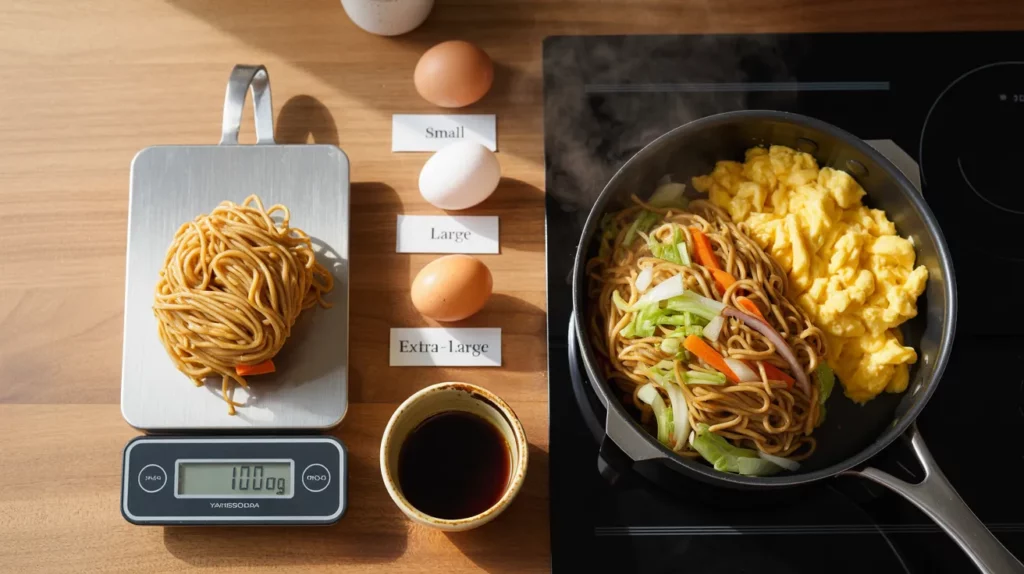 Portioning Yakisoba With Eggs