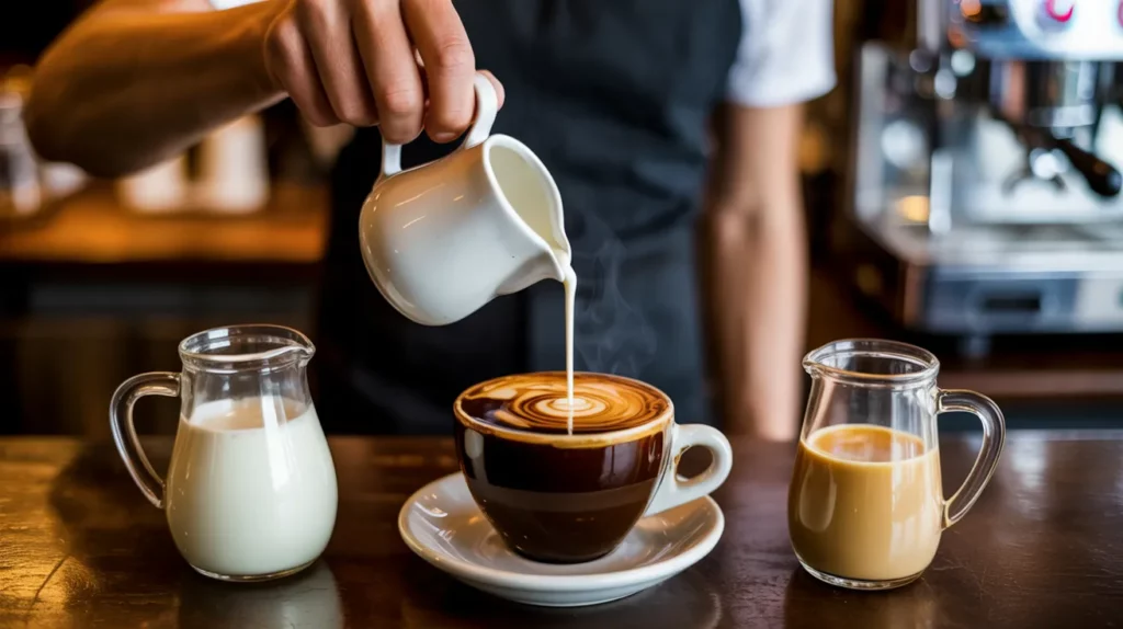 Realistic café-style photograph showing the process and variations of adding milk to an Americano.
Scene Description:
A barista pouring a small stream of warm milk into a freshly brewed Americano
Three small milk containers around the cup labeled visually by appearance (not text):
Whole milk: creamy, thick texture
Skim milk: thinner, lighter milk
Oat/almond milk: slightly off-white, plant-based look
The Americano cup sits on a dark wooden coffee bar
Visible crema layer blending with milk as it swirls, creating natural patterns
Espresso machine blurred in the background for atmosphere
Soft warm lighting highlighting steam rising from the cup
No text inside the image
Style: Ultra-realistic, cozy coffee-shop aesthetic, shallow depth of field, warm color tones.