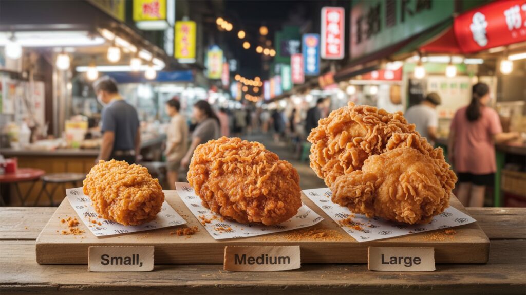 A realistic food photography shot of non-spicy Taiwanese Ji Pai fried chicken displayed on a wooden board. Three crispy Ji Pai chicken cutlets are arranged side-by-side to show size differences (small, medium, large). Each piece is golden brown with a crunchy, textured coating and no visible chili or spice powder. Small paper labels reading “Small,” “Medium,” and “Large” are placed beside each cutlet. The background is a softly lit Taiwanese night market stall with warm lantern lights, slightly blurred. No spicy elements, clean presentation, natural colors, high detail, shallow depth of field, authentic street food style.