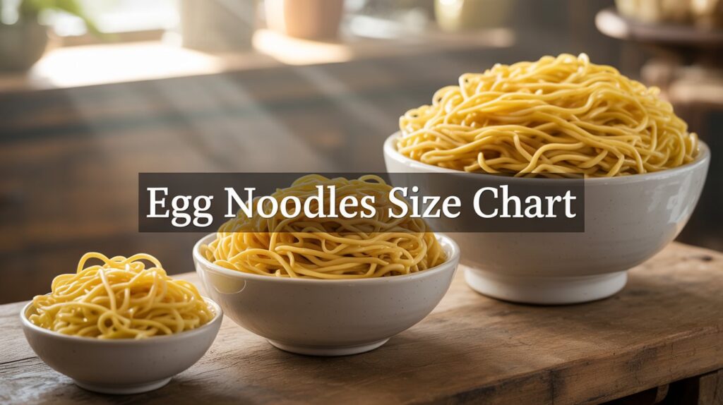 Ultra-realistic 4K hero image of Egg Noodles Size Chart concept. Three bowls of egg noodles (small, medium, large) arranged on a wooden table. Natural light, shallow depth of field, rich noodle texture. Center overlay text: “Egg Noodles Size Chart” Clean typography, blog header composition, premium food photography style.