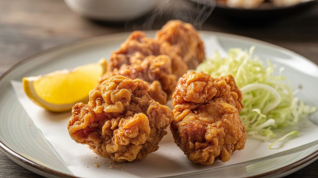 “Ultra-realistic food photography of Japanese karaage fried chicken: golden-brown, bite-sized chicken pieces with an extra-crispy potato-starch coating, subtle spicy seasoning visible on the surface, light steam rising. Served on a minimalist ceramic plate with lemon wedges and shredded cabbage on the side. Natural oil sheen, sharp texture detail, shallow depth of field, soft natural lighting, authentic Japanese restaurant atmosphere, DSLR quality, 4K realism, mouth-watering presentation.”