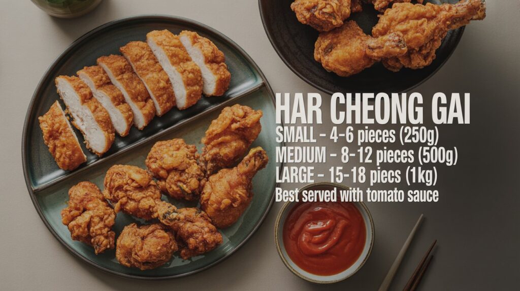 Ultra-realistic food photography, overhead flat-lay composition, crispy Har Cheong Gai (shrimp paste fried chicken) arranged neatly on a dark ceramic plate, golden-brown crunchy skin, visible texture, glossy finish. Small bowl of tomato sauce on the side, slight sauce drip for realism. Natural soft lighting, restaurant-quality, sharp focus, 4K resolution. Layout: Three clearly separated sections showing portion sizes. Text Overlay (clean infographic style, bold white sans-serif font): SMALL – 4–6 PIECES (250g) MEDIUM – 8–12 PIECES (500g) LARGE – 15–18 PIECES (1kg) Below text: “Best Served With Tomato Sauce” Background: Minimalist dark tabletop, subtle shadows, no people, no hands, no clutter. Style: Modern food infographic, clean spacing, high contrast, appetizing, professional menu photography.