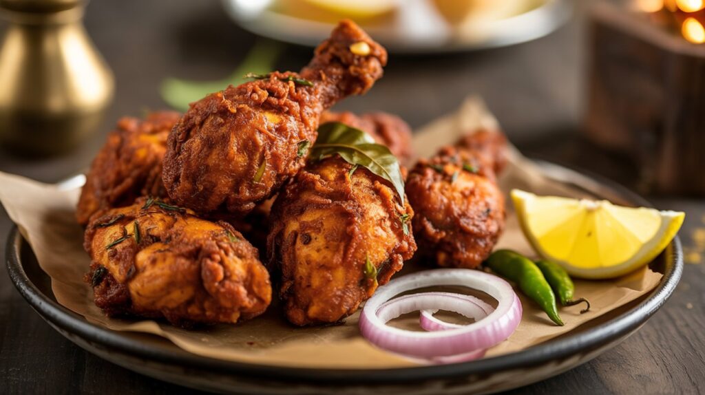 “Ultra-realistic food photography of Chicken 65 fried chicken without tomato sauce: deep-red, crispy bite-sized chicken pieces coated in spices and curry leaves, crunchy exterior with visible fried texture, light oil sheen. Served on a dark ceramic plate with sliced onions, green chilies, and lemon wedges on the side. South Indian restaurant ambiance, warm ambient lighting, shallow depth of field, high-detail spice coating, DSLR quality, 4K realism, bold and appetizing presentation.”