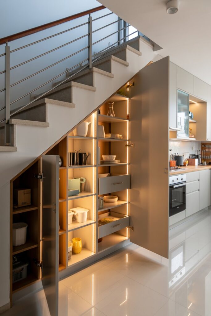 Under-Stairs Kitchen Storage with Lighting