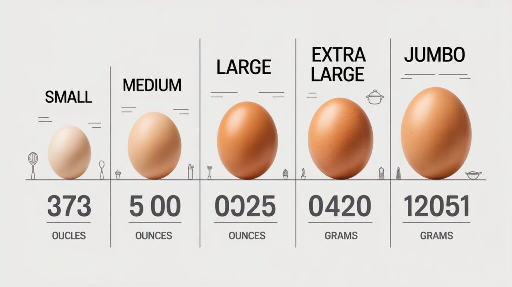 Clean infographic showing egg size comparison chart with columns for Small, Medium, Large, Extra Large, and Jumbo, including weight in ounces and grams, modern typography, white background,