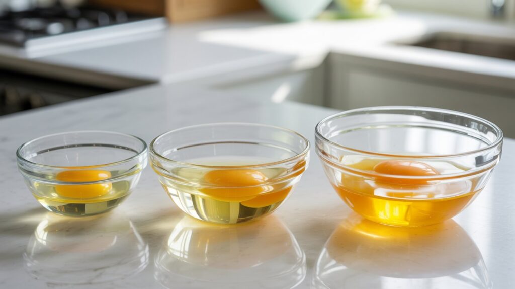 eggs showing differences in yolk and egg white size (medium vs large vs extra large),