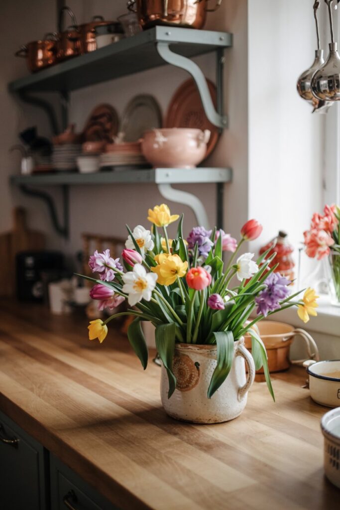 Floral Decor Near Open Shelves