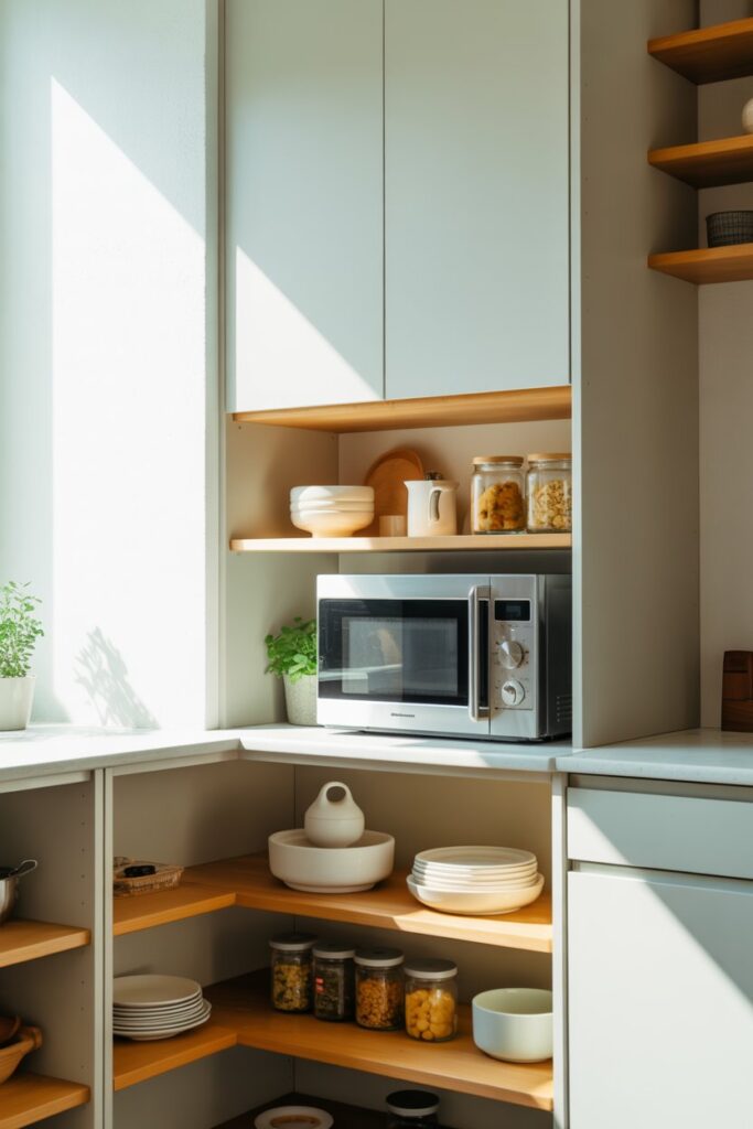 Corner Microwave with Open Shelving