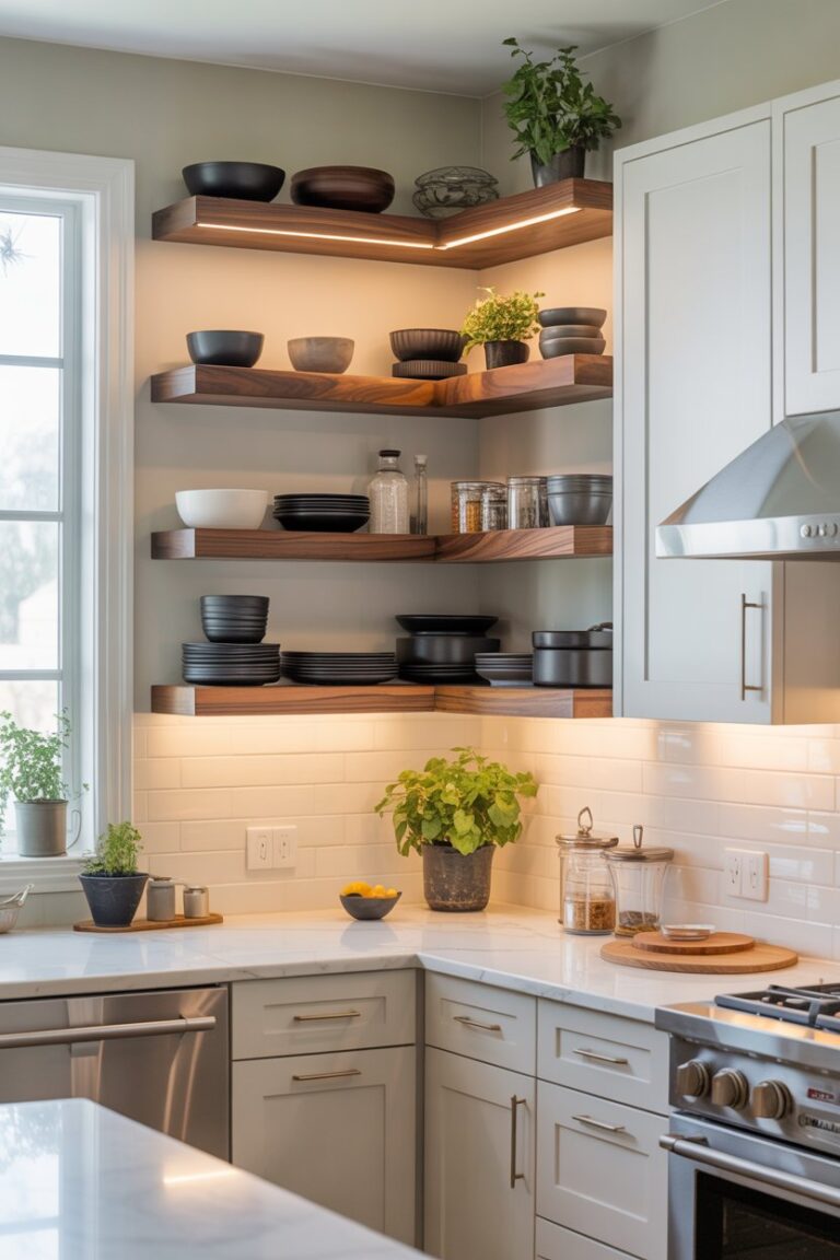 Curated visual reference: Picture Idea: 24 Kitchen Corner Shelves Ideas For Smart Stylish Storage