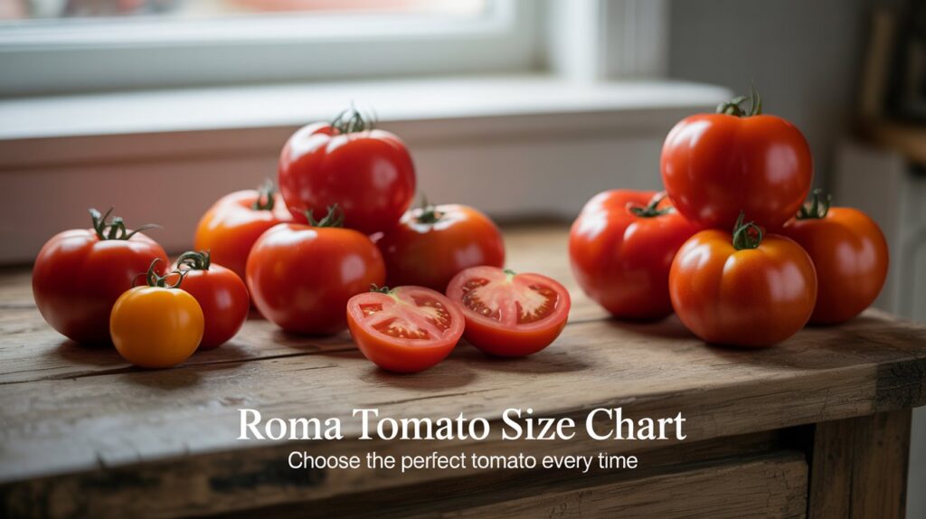 Ultra realistic 4K food photography of fresh Roma tomatoes arranged on rustic wooden kitchen table, small, medium and large Roma tomatoes grouped by size, one sliced open showing thick flesh and few seeds, natural window light, soft shadows, shallow depth of field, vibrant deep red color, professional culinary photography Overlay Text: Roma Tomato Size Chart Choose the Perfect Tomato Every Time