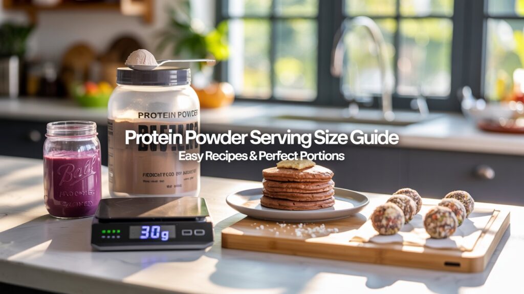 Ultra realistic 4K food and fitness kitchen scene, open protein powder container with scoop resting on top, digital kitchen scale showing 30g, smoothie in glass jar, stack of chocolate protein pancakes, and energy bites on wooden board, bright natural window light, modern healthy lifestyle aesthetic, shallow depth of field, professional food photography Overlay Text: Protein Powder Serving Size Guide Easy Recipes & Perfect Portions