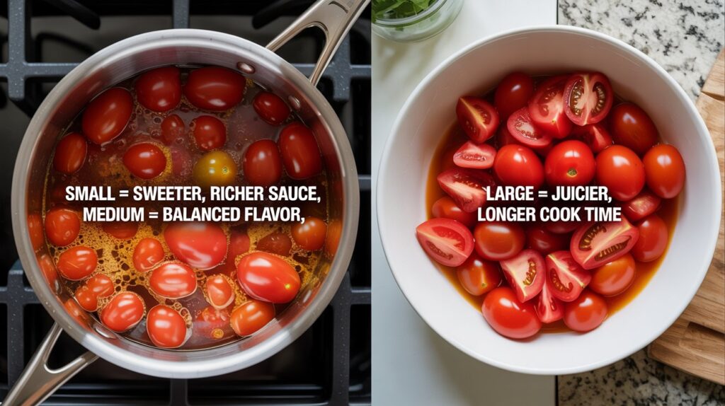 Split infographic showing Roma tomatoes simmering in saucepan on left and fresh chopped tomatoes in salad bowl on right, steam rising from sauce, vibrant red color, professional kitchen environment, top-down view
Overlay Text:
Small = Sweeter, Richer Sauce
Medium = Balanced Flavor
Large = Juicier, Longer Cook Time