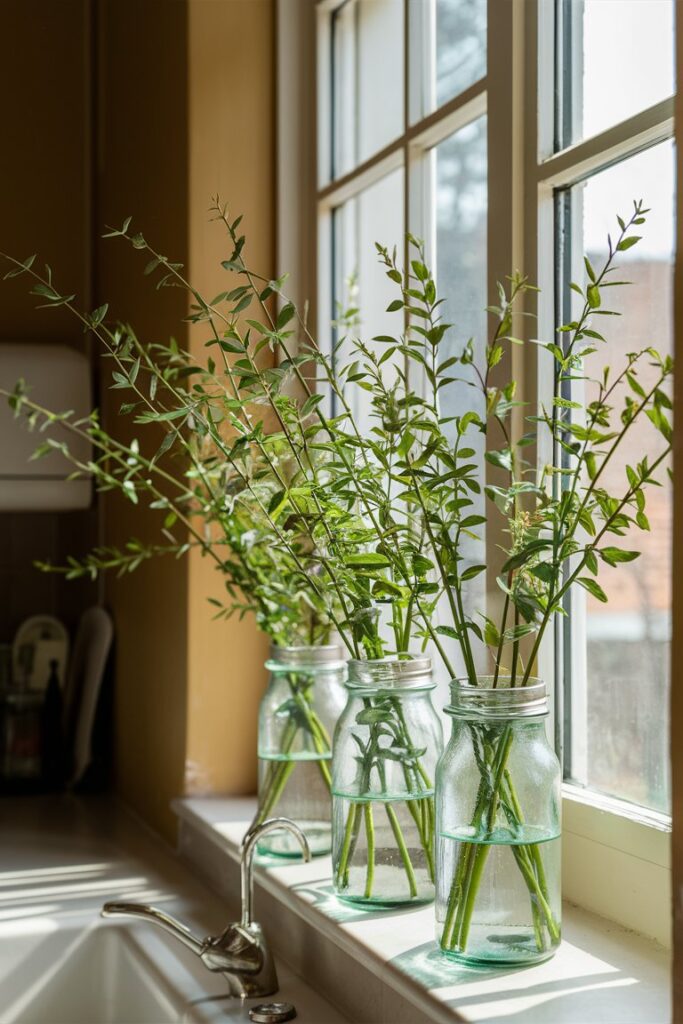 Fresh Greenery in Glass Jars