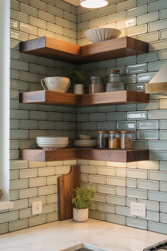 Corner Shelves with Tile Backdrop