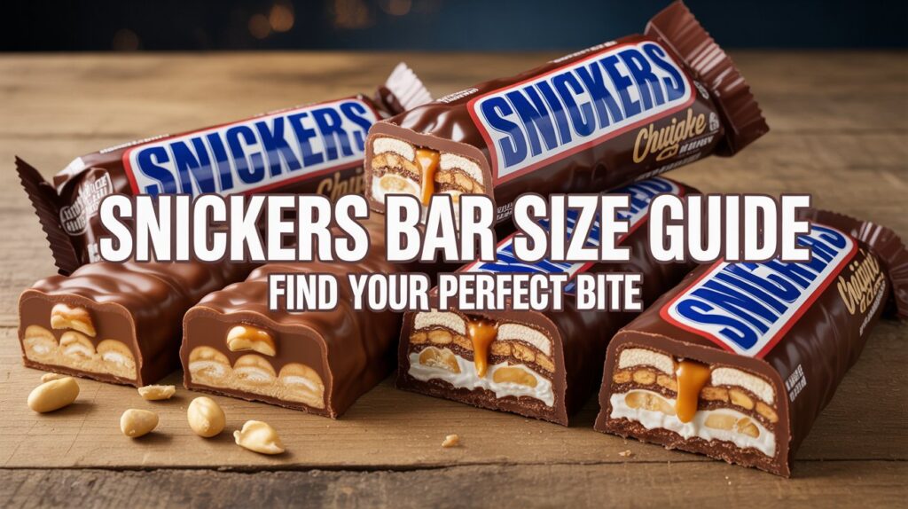 Snickers Bar Size Chart: Find Sizes, Calories, and Recipe Tips Ultra realistic 4K food photography showing multiple Snickers bars arranged on wooden table — mini, fun size, regular, king size and share size partially unwrapped revealing nougat caramel peanuts layers, rich chocolate texture, dramatic studio lighting, commercial candy advertisement style Overlay Text: Snickers Bar Size Guide Find Your Perfect Bite